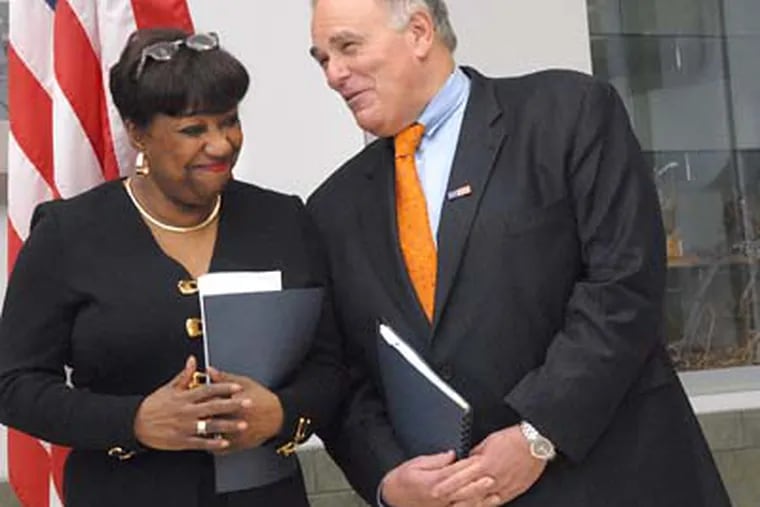 Superintendent Arlene Ackerman, seen here talking to Gov. Ed Rendell at an event in March, had her five-year strategic plan approved by the SRC in April. (April Saul / Staff / File )