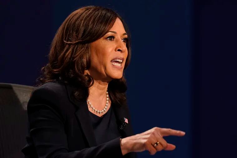 Democratic vice presidential candidate Sen. Kamala Harris, D-Calif., makes a point during the vice presidential debate with Vice President Mike Pence, Wednesday, Oct. 7, 2020, at Kingsbury Hall on the campus of the University of Utah in Salt Lake City.