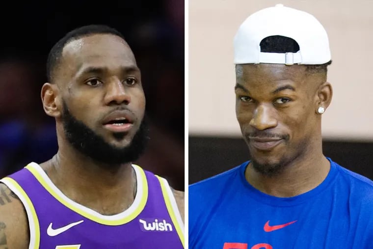 Lakes superstar LeBron James (left) has reached out to Sixers swingman Jimmy Butler about coming to Los Angeles, according to multiple reports.