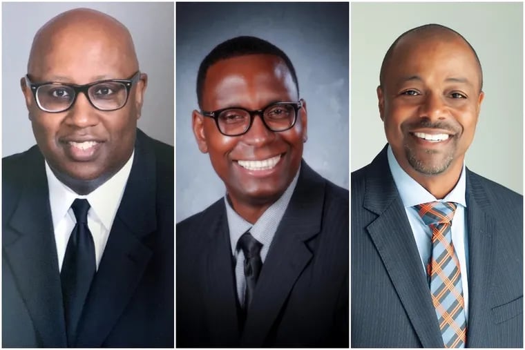 From left, Brian Scriven, incoming superintendent in the Cheltenham School District; Khalid Mumin, incoming superintendent in the Lower Merion School District; and Craig Parkinson, superintendent in the Chester Upland School District.