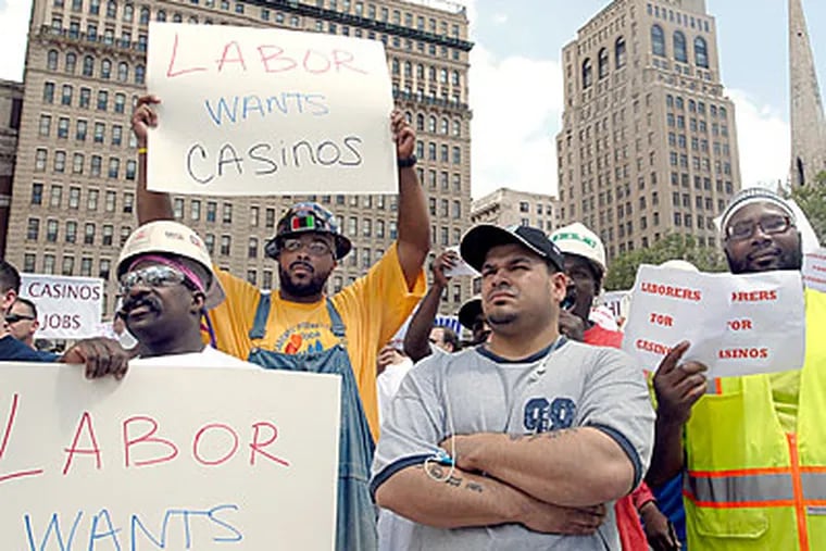 Demonstrators at a Center City rally to protest delays in building casinos in Philadelphia on May 9, 2007. There is an urgency now to get casino revenues flowing in the city. (April Saul/Inquirer)