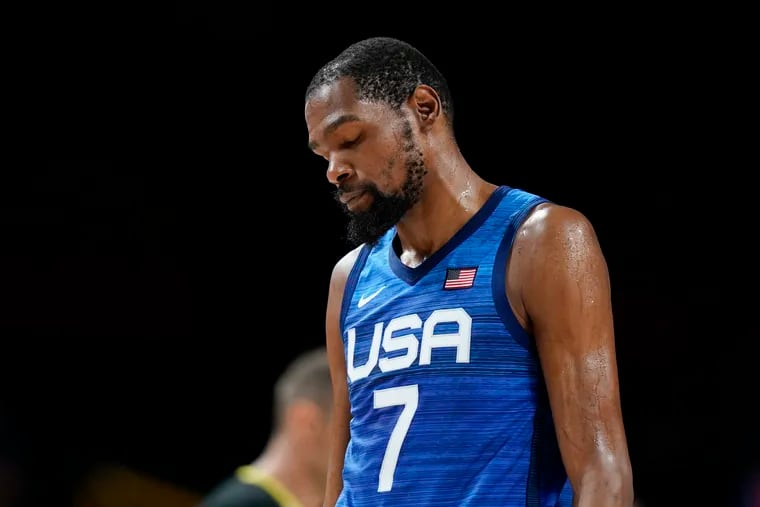 The United States' Kevin Durant reacts at the end of a men's basketball preliminary-round game against France at the Summer Olympics.