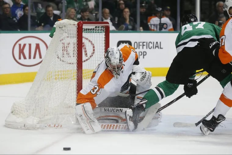 Flyers goaltender Petr Mrazek deflects a shot by Stars right wing Alexander Radulov during the first period of Dallas’ win.