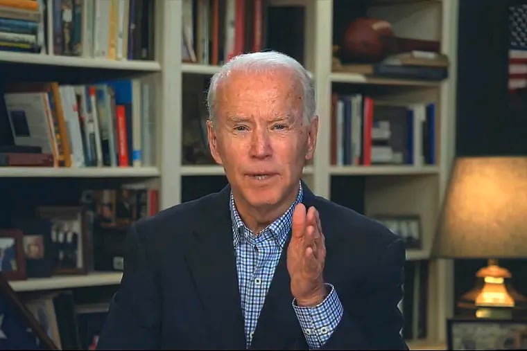 In this image from video, former Vice President Joe Biden speaks during a virtual press briefing conducted from his home Wednesday.