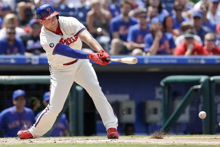 Rhys Hoskins knocks in a run in the first inning, his first major-league RBI.