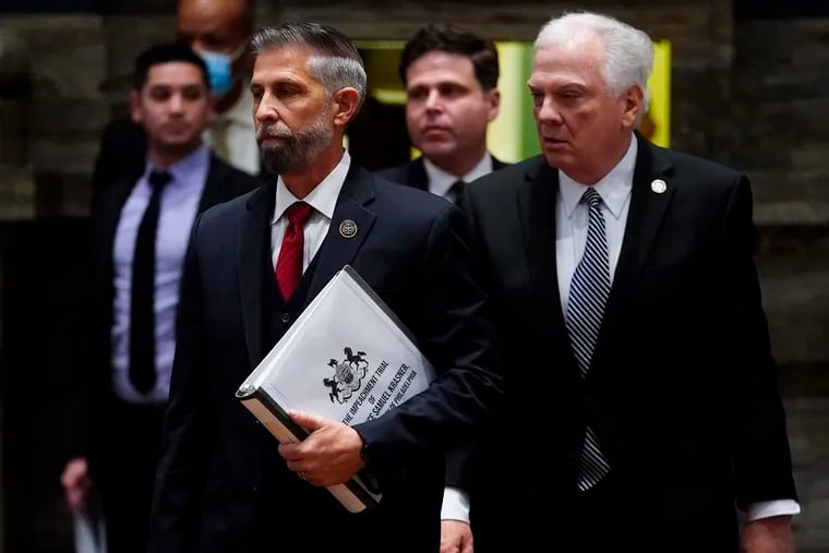 Pennsylvania House Reps. Craig Williams, second from left, and Tim Bonner, right, said they will appeal a Commonwealth Court ruling that said the impeachment of Philadelphia District Attorney Larry Krasner was not constitutionally sound.