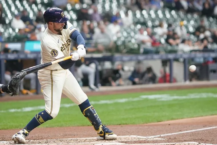 Rhys Hoskins has nine homers and 27 RBIs with the Brewers this season.