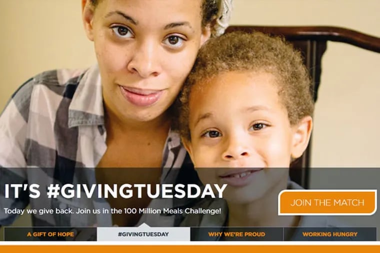 This is a graphic used by Feeding America, the largest anti-hunger charity in the United States. It has been sent to food banks throughout America to emphasize giving on Giving Tuesday.