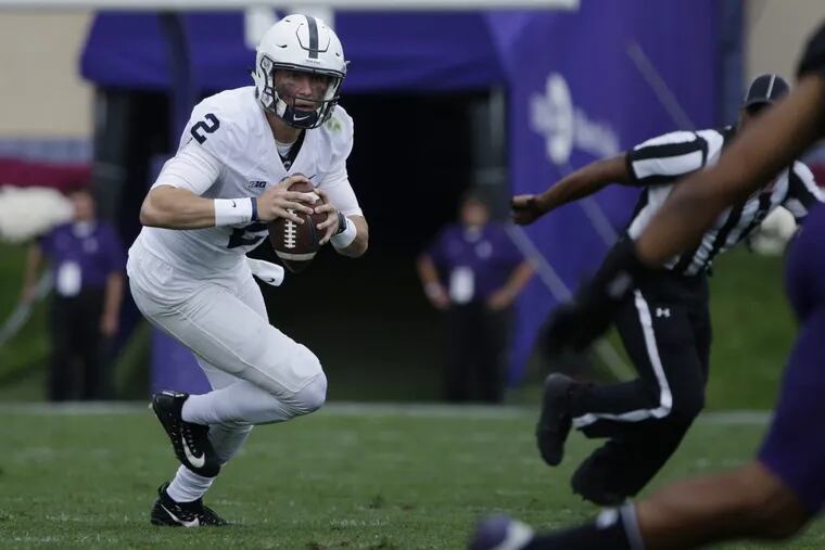 Penn State quarterback Tommy Stevens runs as he looks to pass against Northwestern during the second half of an NCAA college football game in Evanston, Ill., Saturday, Oct. 7, 2017. (AP Photo/Nam Y. Huh)