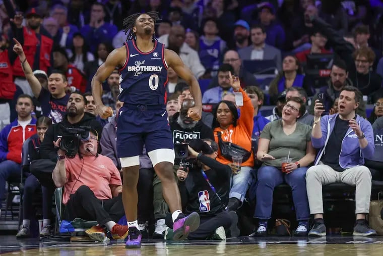 Philadelphia 76ers guard Tyrese Maxey celebrates after scoring in the fourth quarter.