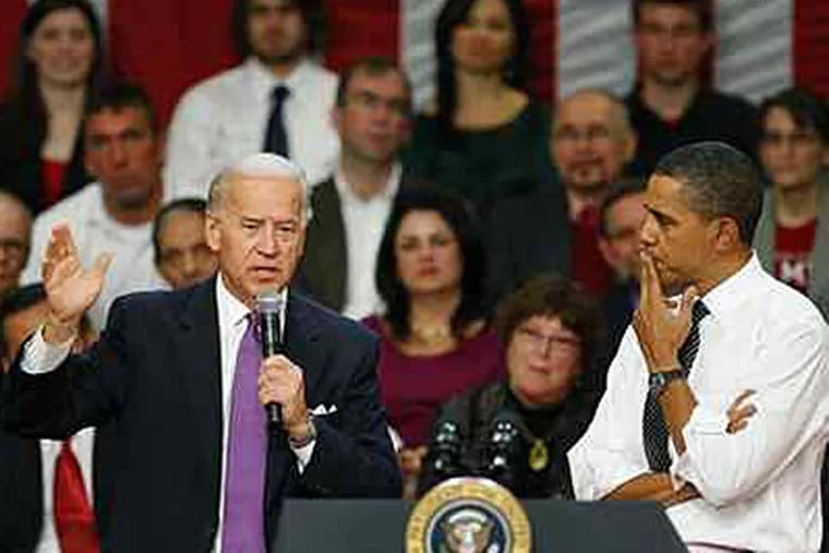 President Obama and Vice President Biden in Tampa, Fla., where Obama in January announced $8 billion in high-speed rail funds. (CHRIS O'MEARA / Associated Press)