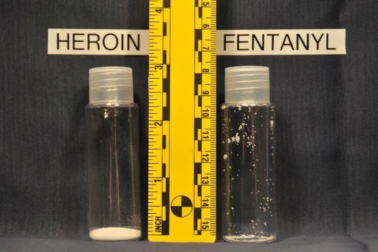 A side-by-side comparison of fatal doses of heroin, right, and the synthetic opioid fentanyl, shows that the latter is much more powerful.