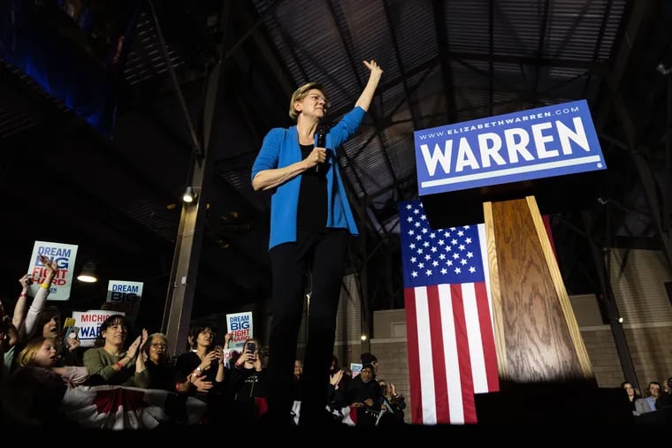 Elizabeth Warren speaks during a rally held on super Tuesday, March 3, 2020 in Detroit. Super Tuesday will be a major deciding factor in her place in the polls for the Democratic primary election. Warren dropped from the race on Thursday. (Megan Jelinger/SOPA Images/Zuma Press/TNS)