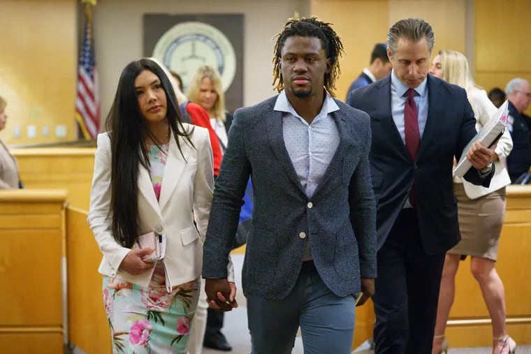 Odubel Herrera, shown here exiting the courtroom with his girlfriend after a hearing during which she dropped the charges for an assault complaint stemming from altercation inside an Atlantic City casino over Memorial Day, at Atlantic City Municipal Court on July 3, 2019.