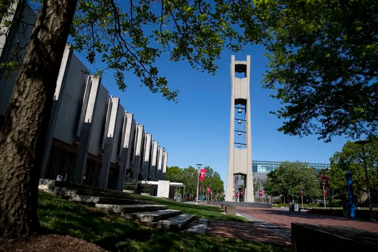 A quiet morning at the Bell Tower on the Temple University campus in May.