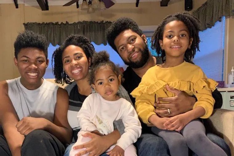 The Thomas-Wiggins family of Moorestown: (from left) Julian Wiggins, 17; Teryn Thomas, 32; Ravyn Thomas, 1; Robert Thomas, 33; and Robyn Thomas, 5. Young people have had a difficult time coping with the coronavirus, the absence of friends, and the unending presence of parents.