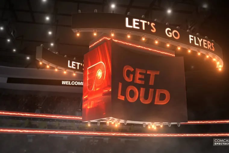 A rendering of the new scoreboard at the Wells Fargo Center. The crowns that say 'let's go Flyers' will move up and down on outside the scoreboard itself.