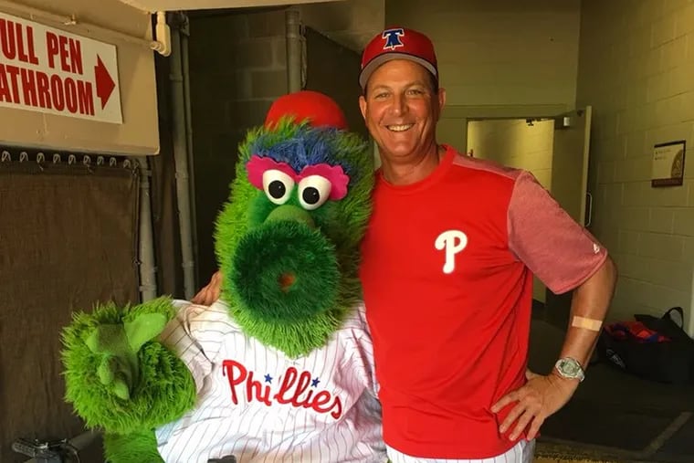 Dan Plesac, a former Phillies pitcher seen here posing with the Phanatic, has successfully carved out a second career as an analyst on the MLB Network's flagship show, "MLB Tonight."