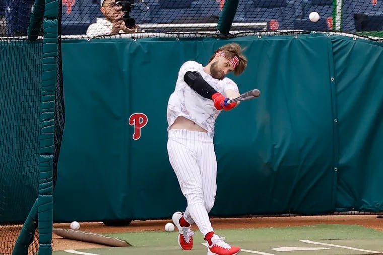 Bryce Harper has been taking batting practice, usually on the field, for more than two weeks.