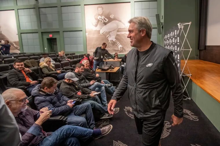 Doug Pederson doesn't seem likely to be addressing an auditorium full of reporters again anytime soon. NFL coaches still aren't allowed in team facilities.