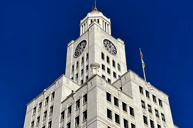 The renovated clock tower of the new Philadelphia Public Services Building at 400 N. Broad St., the home of police headquarters.