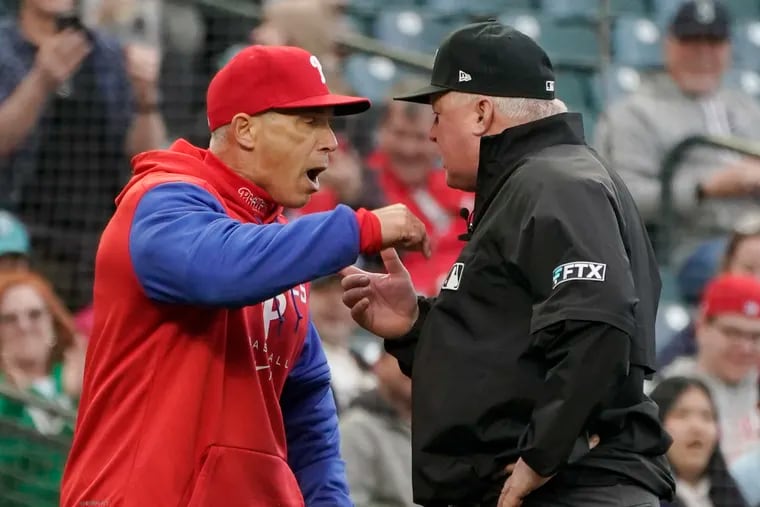 Phillies manager Joe Girardi argues with third base umpire Bill Miller before his ejection during the second inning.
