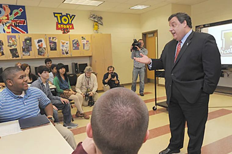Gov. Christie visits a class at Bordentown Regional High School. While there, he said he stood by his criticism of Rutgers-Camden student
William Brown. (April Saul / Staff Photographer)
