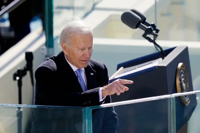 U.S. President Joe Biden gestures to the crowd after delivering his inaugural address on the West Front of the U.S. Capitol on Wednesday in Washington, DC. During today's inauguration ceremony Joe Biden becomes the 46th president of the United States.