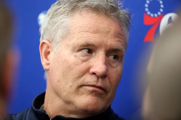 Sixers’ head coach Brett Brown listens to a reporter’s question at Sixers practice in Camden on Wednesday.