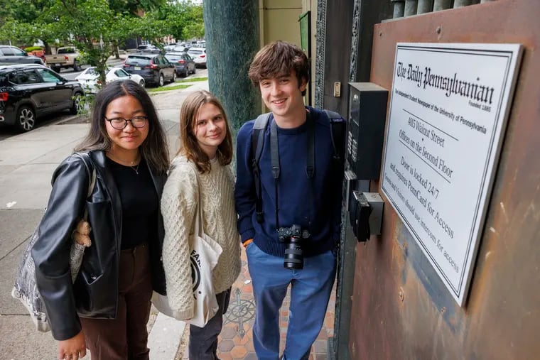 From left are politics editor Diamy Wang, from Alhambra, California; news editor Katie Bartlett, from Westfield, New Jersey, and reporter/photographer Ethan Young, from Philadelphia, outside the offices of The Daily Pennsylvanian.