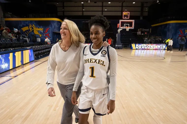 Keishana Washington (right), with Drexel coach Amy Mallon, earned multiple All-American honors and will lead Drexel into the WNIT starting Thursday.