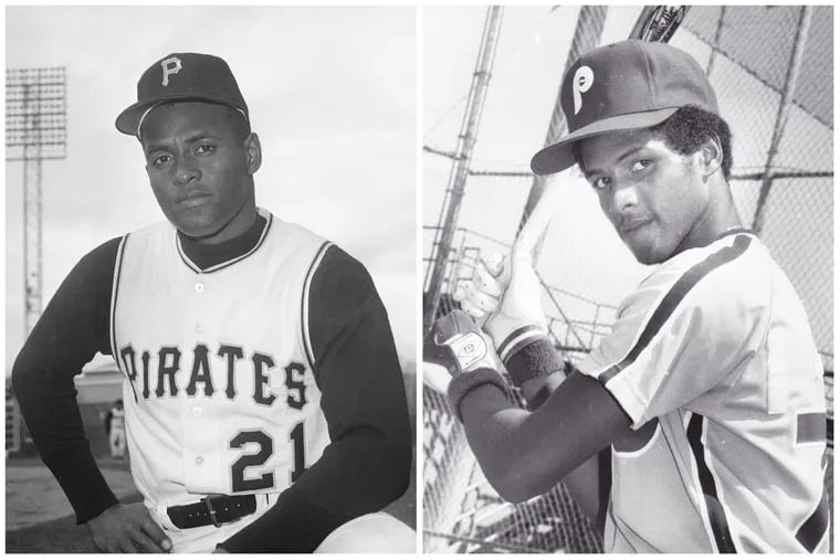 Roberto Clemente, left, of the Pittsburgh Pirates and his son, Roberto Jr., during his time in the Phillies minor leagues.