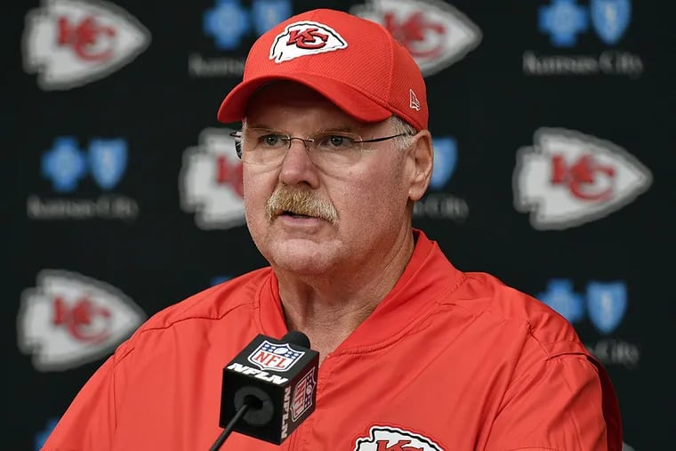Kansas City Chiefs head coach Andy Reid speaks at the post game news conference following an NFL football game against the Philadelphia Eagles in Kansas City, Mo., Sunday, Sept. 17, 2017. The Kansas City Chiefs won 27-20.