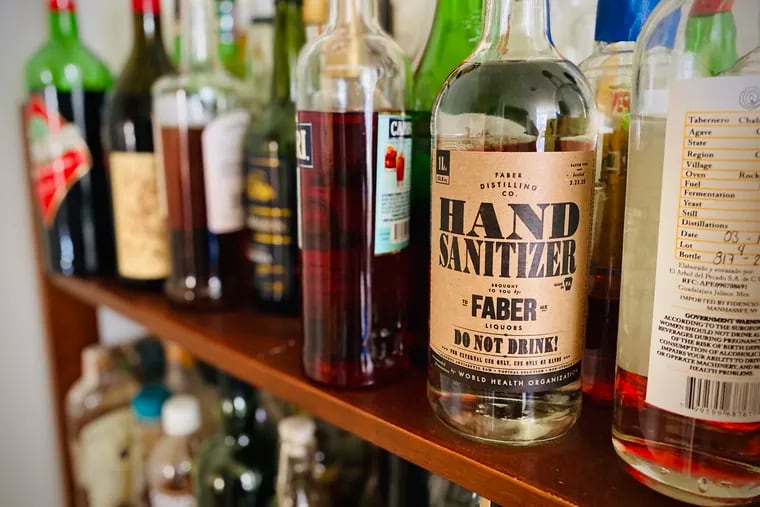 During a national shortage, local distilleries have started making hand sanitizer. Pictured is Faber Liquors' hand sanitizer, made by Theobald & Oppenheimer in Bucks County.