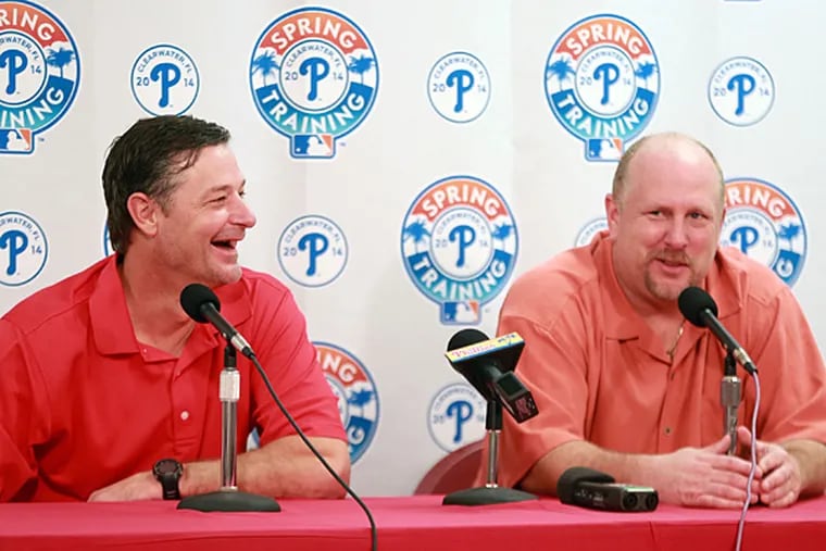 Phillies broadcast announcers Jamie Moyer (left) and Matt Stairs (right). (David Swanson/Staff Photographer)