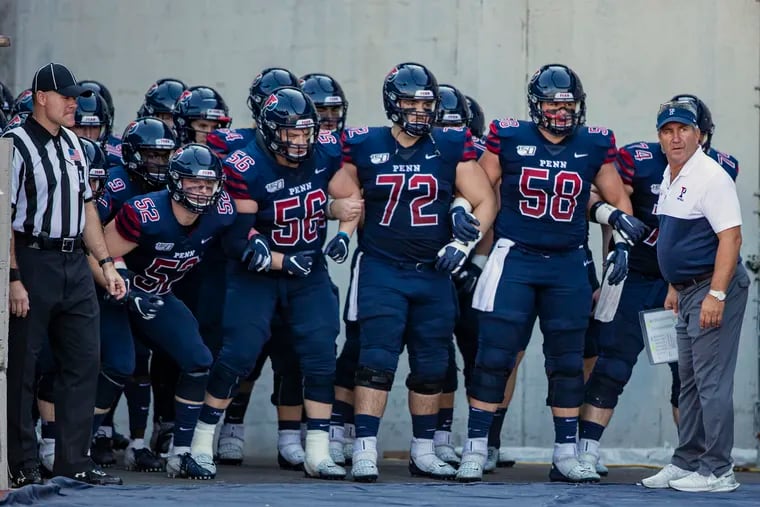 The Penn football team gets ready to take the field against Sacred Heart last October at Franklin Field.