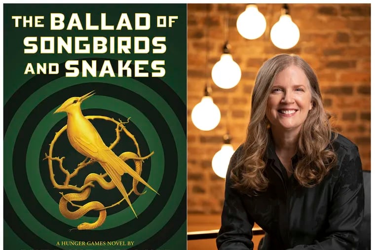 This combination of images released by Scholastic shows the cover image for "The Ballad of Songbirds and Snakes," by Suzanne Collins, left, and a portrait of Collins. The "Hunger Games" novel will be released on May 19.