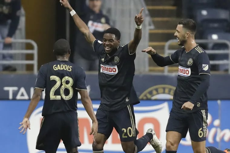 Philadelphia Union midfielder Marcus Epps (center) celebrates  after scoring in the Union’s 4-1 win over Real Salt Lake.