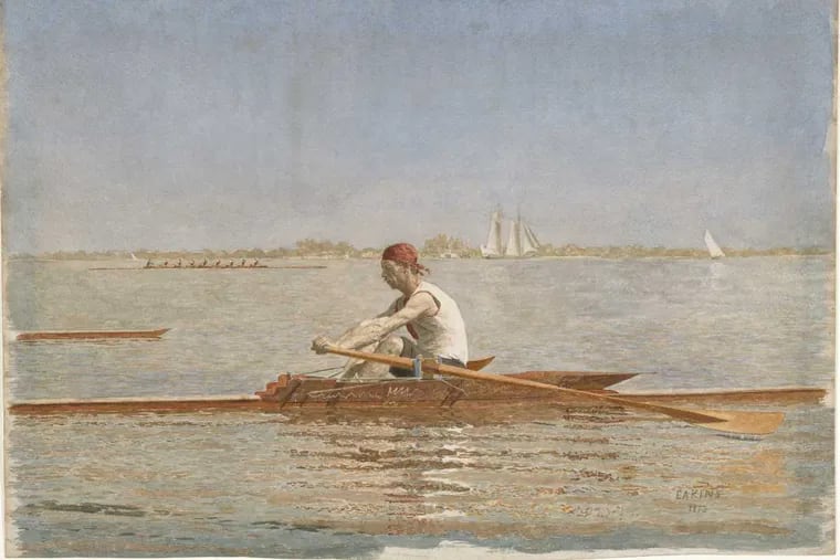 John Biglin in a Single Scull, 1873. Thomas Eakins, American, 1844 1916. Watercolor on paper, Image and sheet: 16 7/8 × 23 15/16 inches. Yale University Art Gallery, Gift of Paul Mellon, B.A. 1929, LHDH 1967, in honor of Jules D. Prown, the first Director of the Yale Center for British Art.