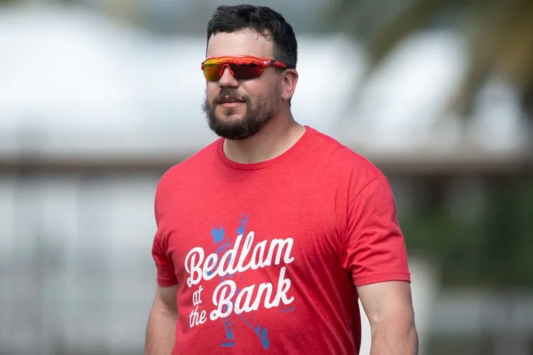 Phillies Kyle Schwarber exits the field after spring training workouts in Clearwater, Florida. Sunday, February 19, 2023.