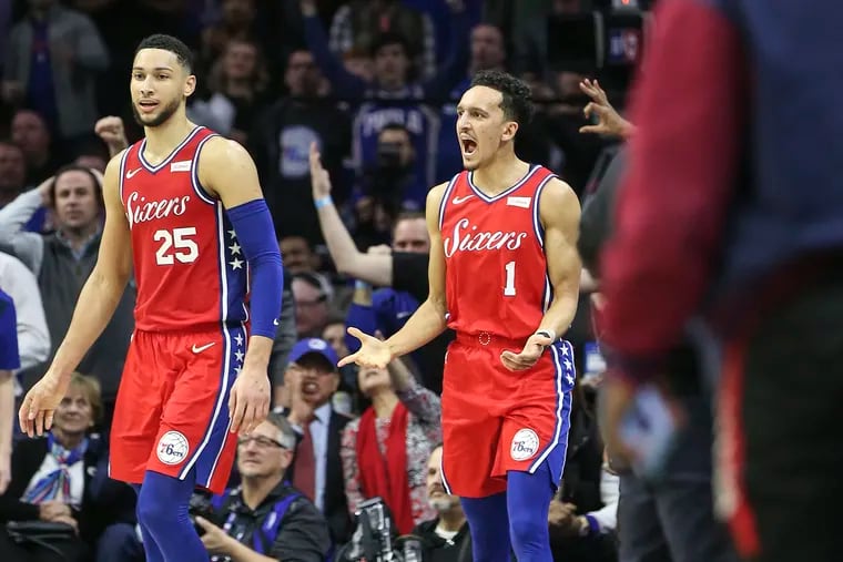 Sixers' Landry Shamet reacts to his three pointer not counting because of his offensive foul on the Raptors  during the 4th quarter at the Wells Fargo Center in Philadelphia, Tuesday, February 5, 2019.   Raptors beat the Sixers 119-107. STEVEN M. FALK / Staff Photographer