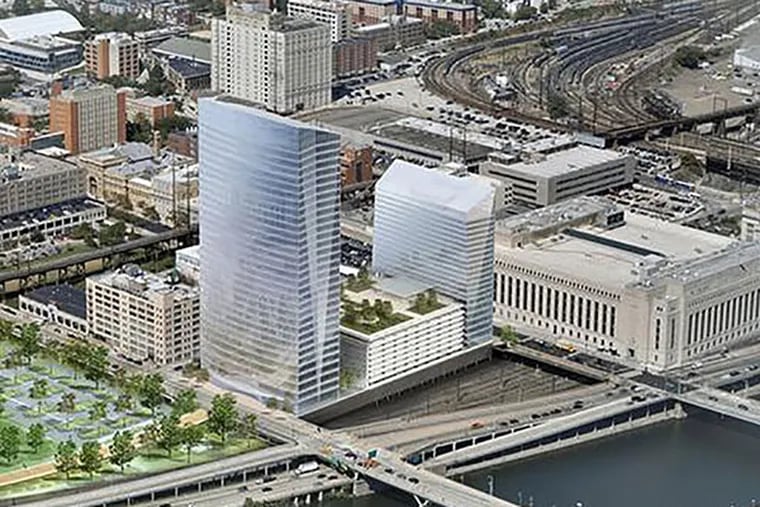 The FMC Tower (left) and Evo dormitory at Cira Centre South will transform the skyline, but at ground level, the triangular hole east of the site poses a problem. Rendering from Brandywine Realty Trust