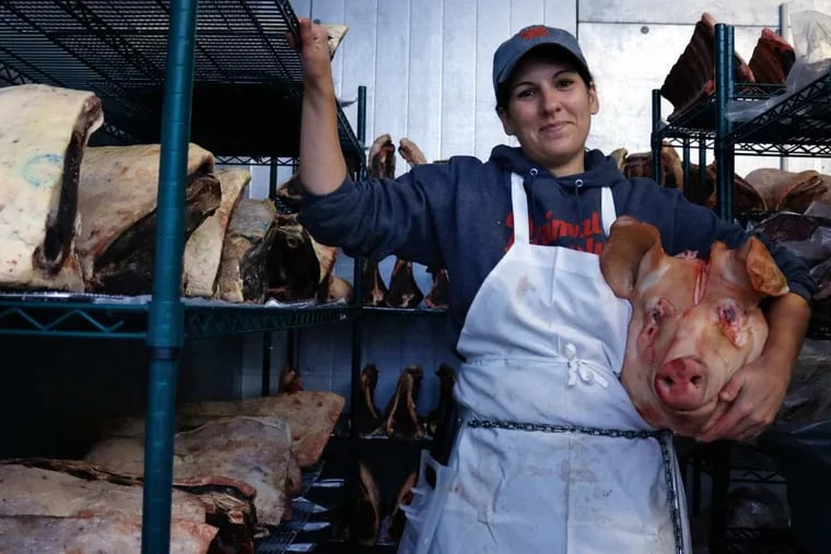 Heather Marold Thomason was a graphic designer in her early 30s, running a firm in Brooklyn with her husband, Brad, when she Òtook a flying leap off of a career cliffÓ to become a butcher. She poses at Primal Supply Meats in Lansdowne, Monday, October 9, 2017.