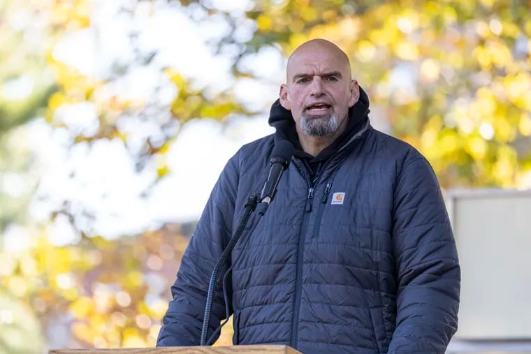 Lieutenant Governor John Fetterman speaks in front of supporters at an October rally in Philadelphia. He's been hospitalized and receiving treatment for depression since Feb. 15.