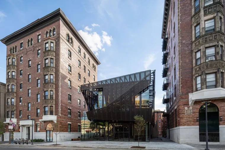 This freestanding structure was inserted into the courtyard of Hamilton Court, an apartment building at 39th and Chestnut, by Coscia Moos Architecture. It houses a gym and amenity space, as well as space for a restaurant and shop.