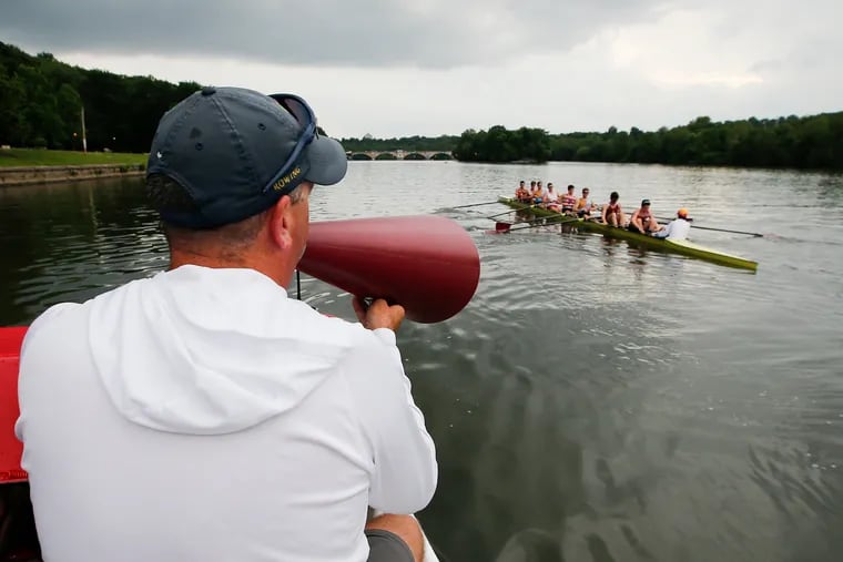 St. Joesph's Prep coach John Fife instructs the varsity eight rowing team in preparation for the Princess Elizabeth Challenge Cup in Henley-on-Thames, England.