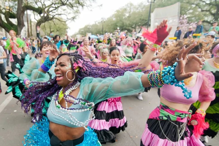 Dancers at Krewe du Kanaval celebration on February 14, 2020 in New Orleans, Louisiana.