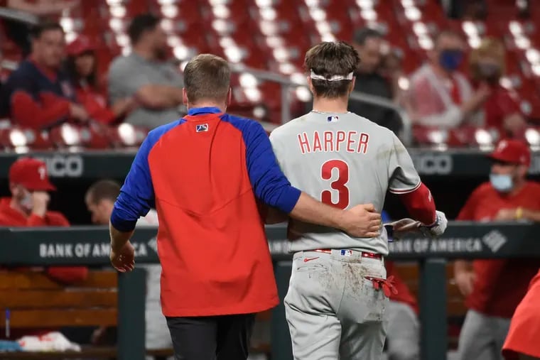Phillies right fielder Bryce Harper left a game in St. Louis on April 28 after being hit in the face by a 97-mph fastball from Cardinals reliever Genesis Cabrera.