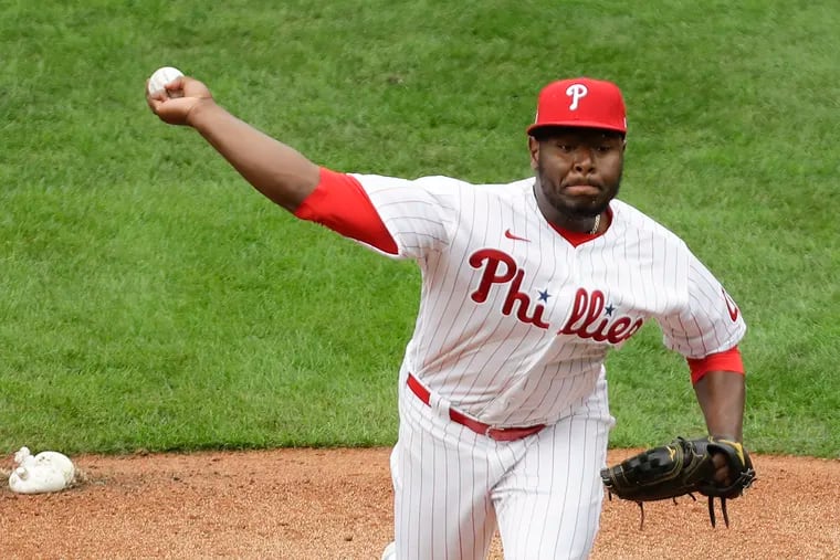 Phillies pitcher Hector Neris throws the baseball against the Atlanta Braves on Saturday, August 29, 2020 in Philadelphia.