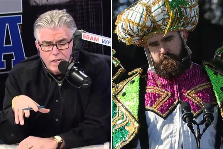 Former WFAN host Mike Francesa (left) apologized for calling Jason Kelce a “moron” and saying he should be cut for delivering a profane speech during the Eagles’ Super Bowl parade.